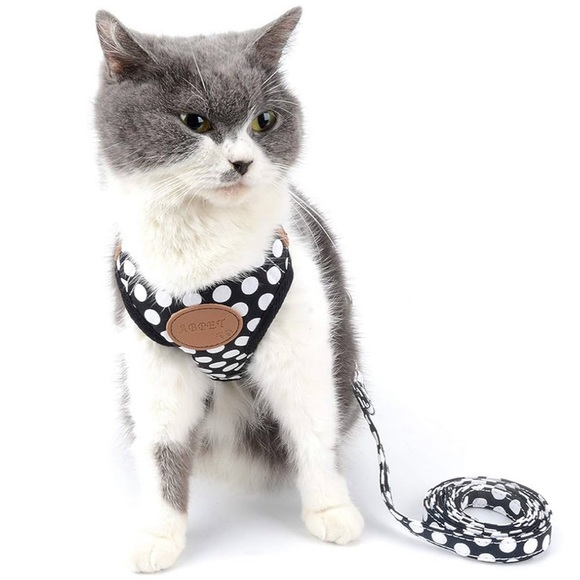 Harness and Leash set for Small Dog or Cat Black & White Polka Dots - Picture 5 of 7